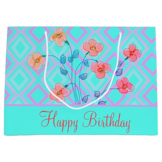 Blauwgroen Happy Birthday Gift Bag met Floral Groot Cadeauzakje (Voorkant)