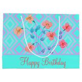 Blauwgroen Happy Birthday Gift Bag met Floral Groot Cadeauzakje (Achterkant)