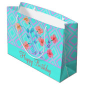 Blauwgroen Happy Birthday Gift Bag met Floral Groot Cadeauzakje (Achterkant Gekanteld)