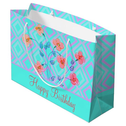 Blauwgroen Happy Birthday Gift Bag met Floral Groot Cadeauzakje (Achterkant Gekanteld)