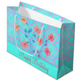 Blauwgroen Happy Birthday Gift Bag met Floral Groot Cadeauzakje (Voorkant Gekanteld)