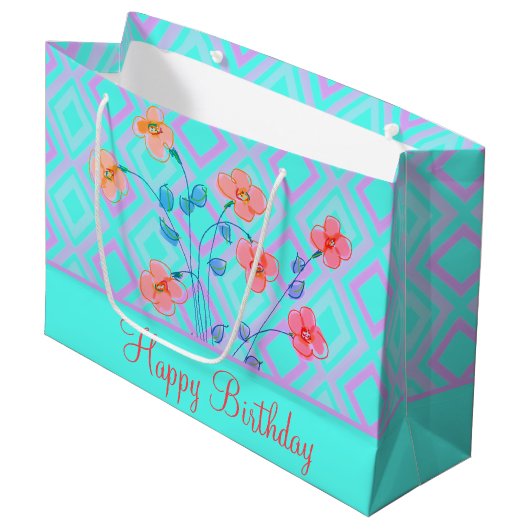 Blauwgroen Happy Birthday Gift Bag met Floral Groot Cadeauzakje (Voorkant Gekanteld)