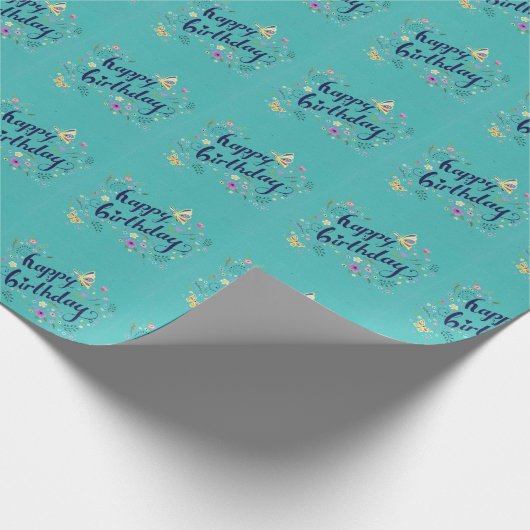 Blauwgroen Happy Birthday Wrapping Paper Cadeaupapier (Hoek)