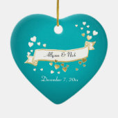 Blauwgroen hart en lint foto keramisch ornament (Achterkant)