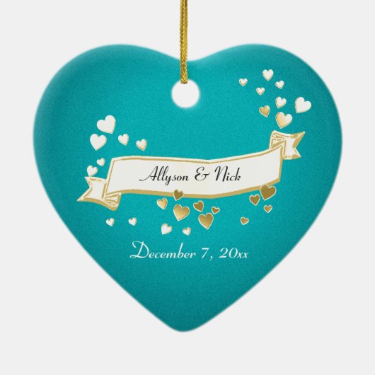 Blauwgroen hart en lint foto keramisch ornament (Achterkant)