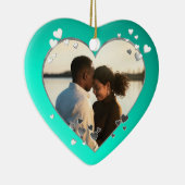 Blauwgroen hart en lint foto keramisch ornament (Rechts)
