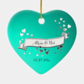 Blauwgroen hart en lint foto keramisch ornament (Achterkant)