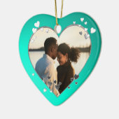 Blauwgroen hart en lint foto keramisch ornament (Links)