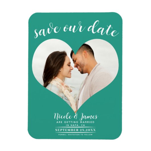 Blauwgroen Hart Foto Bruiloft Save the Date Magneet (Verticaal)