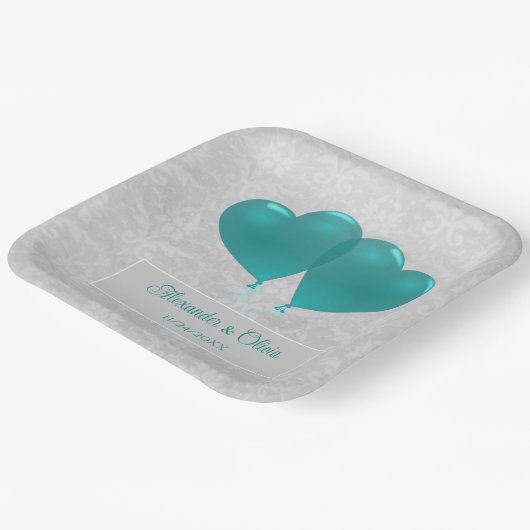 Blauwgroen hartballonnen Weduwingshower Borden Papieren Bordje (Gebogen)