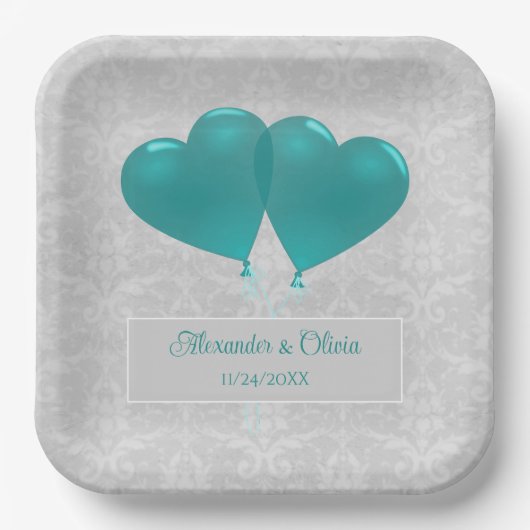Blauwgroen hartballonnen Weduwingshower Borden Papieren Bordje (Voorkant)
