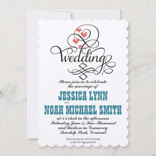  Blauwgroen hartkunst en koraaluitnodiging Kaart (Voorkant)