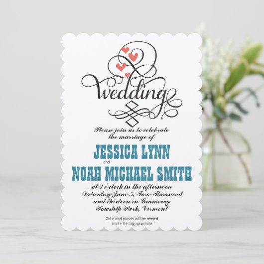  Blauwgroen hartkunst en koraaluitnodiging Kaart (Staand voorkant)