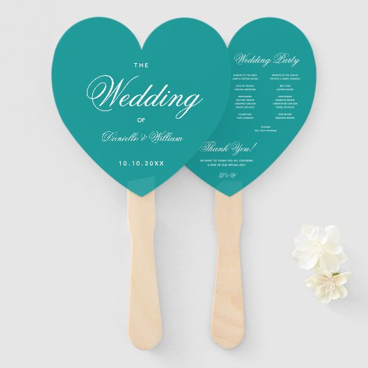 Blauwgroen Heart Elegant Script Blue Wedding Progr Handwaaier (Voorkant en achterkant)