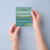 Blauwgroen hek, tuincentrum, tuinbouwkundige flyer (Hand)