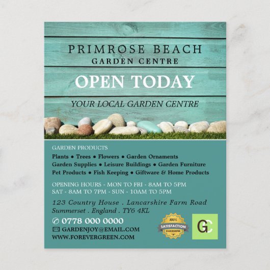 Blauwgroen hek, tuincentrum, tuinbouwkundige flyer (Voorkant)