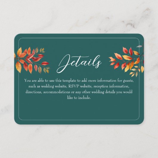 Blauwgroen herfst bruiloft details informatiekaartje (Voorkant)