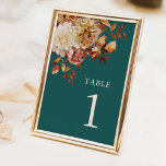 Blauwgroen Herfst Kaart<br><div class="desc">Blauwgroen Herfst tafel nummer. Begeleid uw gasten met stijl met behulp van tafelnummers die zijn ontworpen om naadloos te passen bij uw herfsteesthetiek. Elke kaart is versierd met de kenmerkende waterverf bladeren in terracotta en verbrand sinaasappel, gecombineerd met beige dahlia's en koperen rozen, allemaal tegen een diep blauwgroen achtergrond. Elegant...</div>
