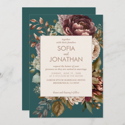 Blauwgroen Herfst Maroon Waterverf Bloemen Bruilof (Voorkant / Achterkant)