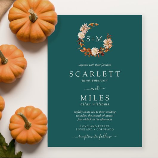 Blauwgroen Herfst Terracotta Monogram Wreath Weddi Kaart