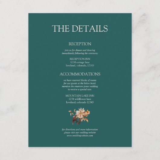 Blauwgroen Herfst Terracotta Waterverf Floral Wedd Informatiekaartje (Voorkant)