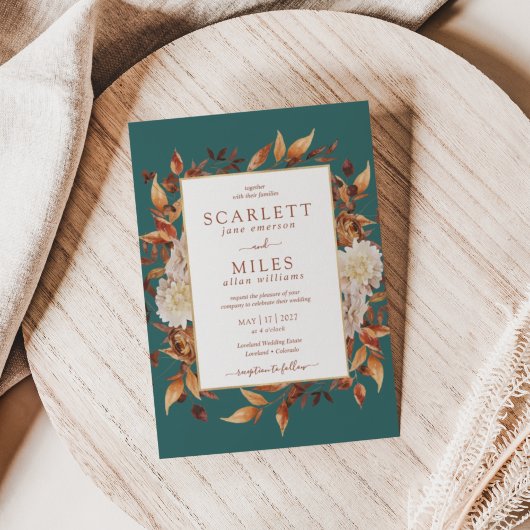 Blauwgroen Herfst Terracotta Waterverf Floral Wedd Kaart