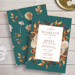 Blauwgroen Herfst Terracotta Waterverf Floral Wedd Kaart<br><div class="desc">Blauwgroen Herfst Terracotta Waterverf Floral Wedding Invitation. Deze elegante en rustige trouwuitnodiging is voorzien van handbeschilderde waterverf verbrande oranje- en terracotta-bladeren, crème en beige dahlias, en prachtige roestkleurige rozen die perfect zijn voor een herfst- of herfstbruiloft! De achterkant van de uitnodiging heeft een mooi blad- en bloempatroon op een donkere...</div>