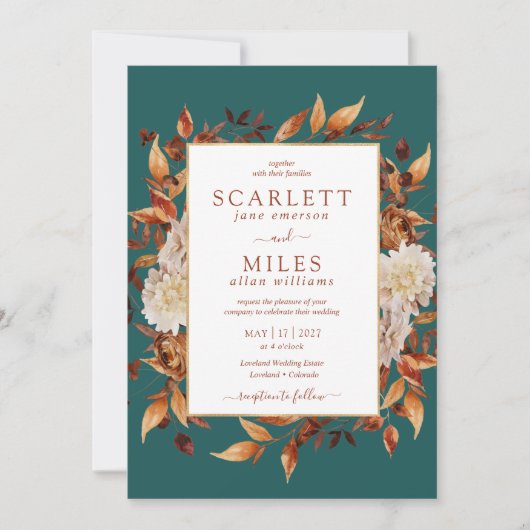 Blauwgroen Herfst Terracotta Waterverf Floral Wedd Kaart (Voorkant)