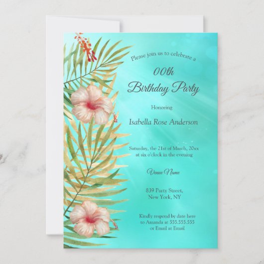 Blauwgroen hibiscus tropic Palm Gold Birthday Part Kaart (Voorkant)