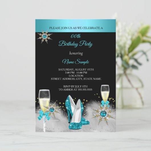 Blauwgroen High Heels Black Gold Champagne Party Kaart (Staand voorkant)