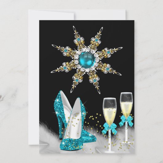Blauwgroen High Heels Black Gold Champagne Party Kaart (Achterkant)