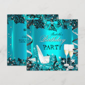 Blauwgroen High Hiel Champagne Black Lace Birthday Kaart (Voorkant / Achterkant)