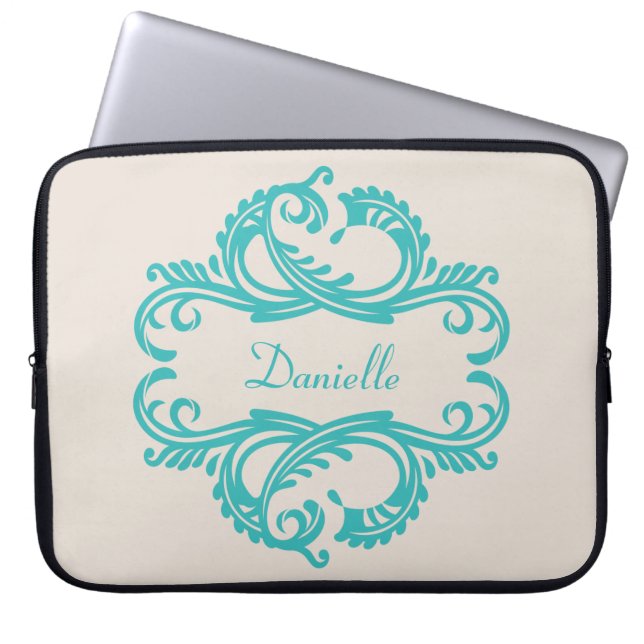 Blauwgroen hoes voor Chic Damask-laptop (Voorkant)