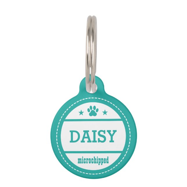 Blauwgroen hondennaam Microchipped Call My People Huisdierpenning (Voorkant)