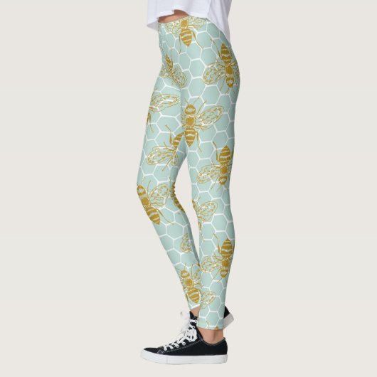 Blauwgroen Honeycomb Golden bijen Leggings (Links)