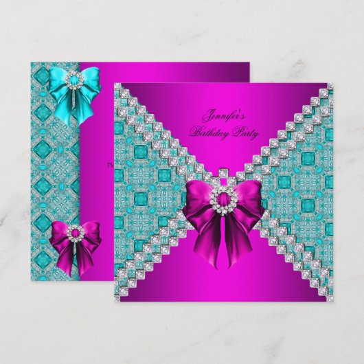 Blauwgroen Hot Pink Diamonds Elegant Birthday Part Kaart (Voorkant / Achterkant)