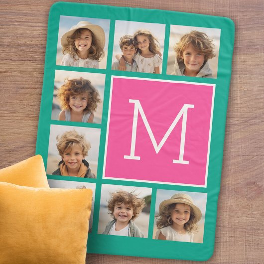 Blauwgroen & Hot Pink Square 8 Monogram fotocollag Sherpa Deken