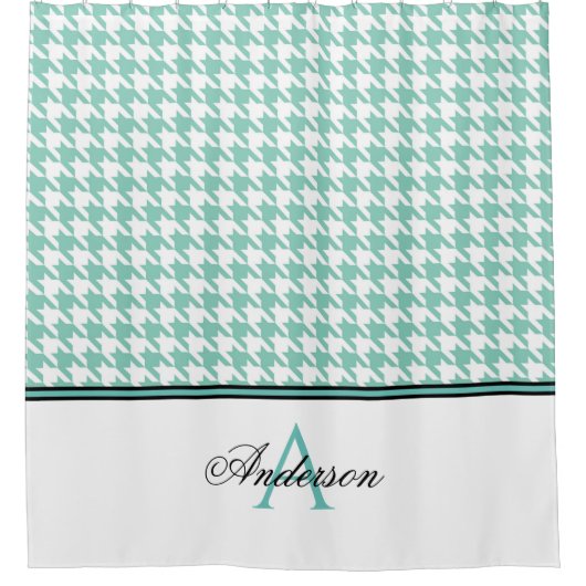 Blauwgroen houndstooth-monogram douchegordijn (Voorkant)