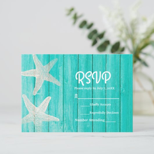 Blauwgroen hout en bruinvissen Elegant Beach RSVP- RSVP Kaartje (Staand voorkant)