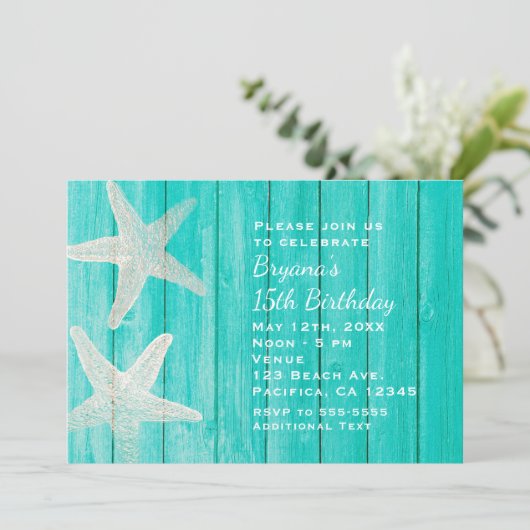 Blauwgroen hout en staarvis Beach Elegant Invitati Kaart (Staand voorkant)