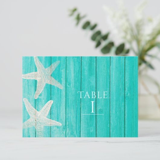 Blauwgroen hout en staarvis Beach Elegant Table Nu Kaart (Staand voorkant)