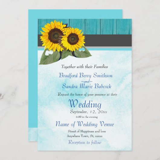 Blauwgroen Hout Waterverf Rustieke Zonnebloem Brui Kaart (Voorkant / Achterkant)