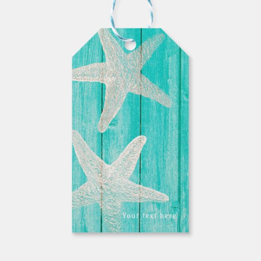 Blauwgroen Hout & Zeesterren Strand Elegante Feest Cadeaulabel (Achterkant)