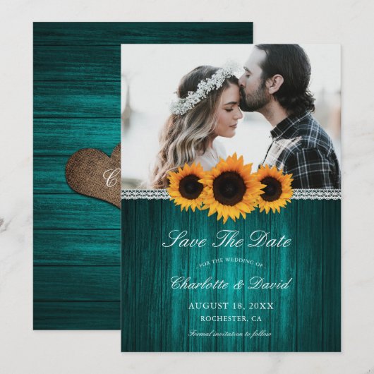 Blauwgroen hout zonnebloem bruiloft foto save the date (Voorkant / Achterkant)