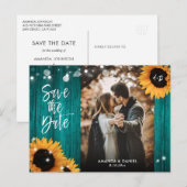 Blauwgroen hout - Zonnebloem sparen de Datum Foto Aankondigingskaart (Voorkant / Achterkant)