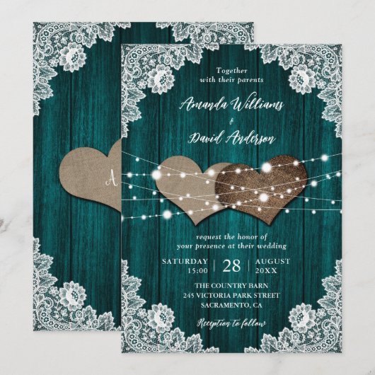 Blauwgroen Houten Burlap Bloemen Kant Country Wedd Kaart (Voorkant / Achterkant)