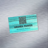 Blauwgroen houten moderne eenvoudige QR-code Magnetisch Visitekaartje (Voorbeeld)