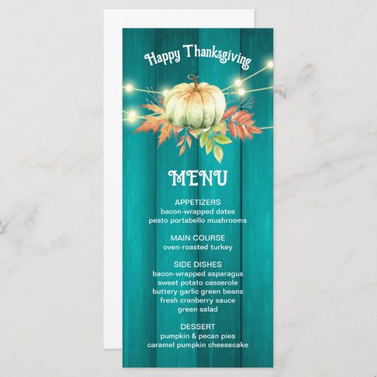 Blauwgroen houtnerf pompoen herfst Thanksgiving Me Menu (Voorkant / Achterkant)