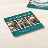 Blauwgroen houtwuwfoto slaat de datum op kartonnen onderzetters (Schuin)