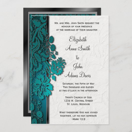 Blauwgroen huwelijksuitnodiging door Damask Kaart (Voorkant / Achterkant)